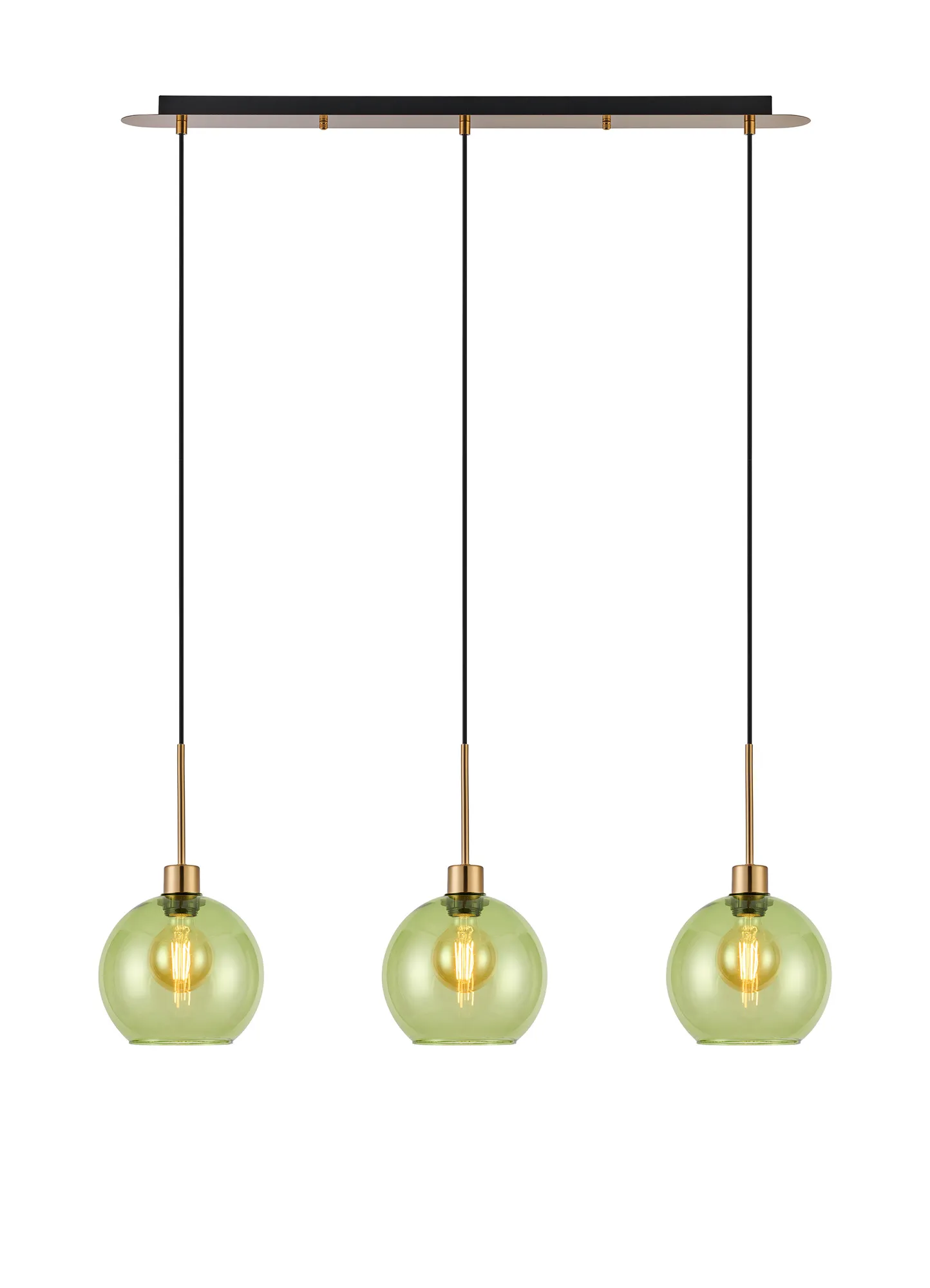 DK1210  Lori Linear Pendant, 3 Light Adjustable E27, Antique Gold/Green Open Mouth Round Globe Shades